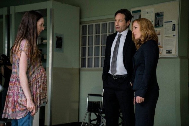 Kacey Rohl, David Duchovny and Gillian Anderson in 'The X-Files' miniseries episode, "Founder's Mutation"