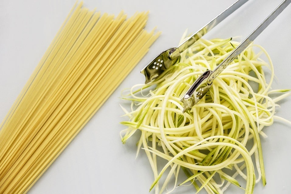 spaghetti with stainless steel kitchen serving tongs