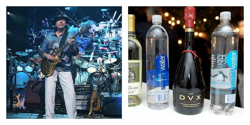 po lewej stronie znajduje się Zdjęcie Carlosa Santany grającego na gitarze. Po prawej stronie znajduje się Zdjęcie Heitz Cellar wine, smartwater i DVX wine on display