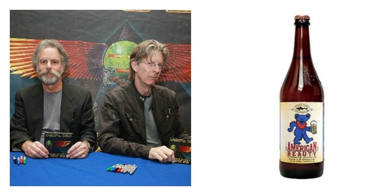 vlevo sedí Bob Weird a Phil Lesh. Na pravé straně je obrázek láhev Americká Krása pivo