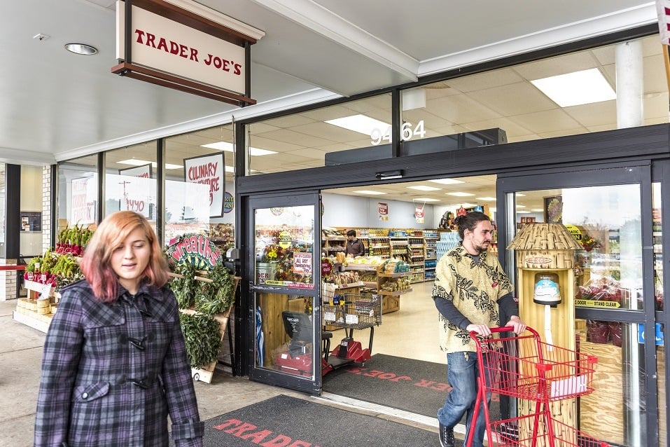 People walking at Trader Joes grocery store