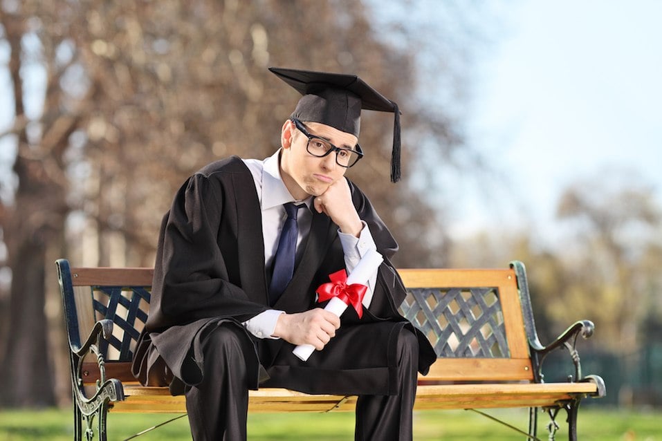 Sad college student sitter på en bänk i parken