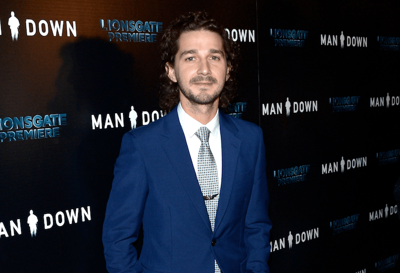 Actor Shia LaBeouf poses in a tux while attending the premiere of Lionsgate Premiere's 'Man Dow
