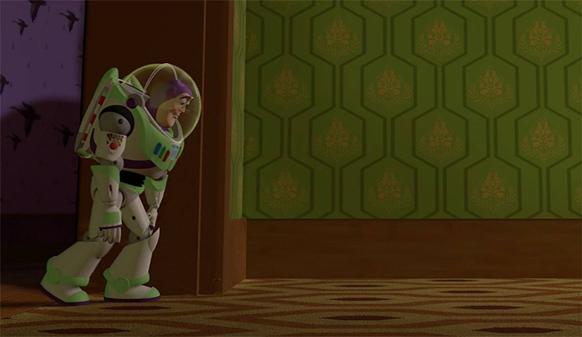 Buzz walking on the distinct carpet in Toy Story