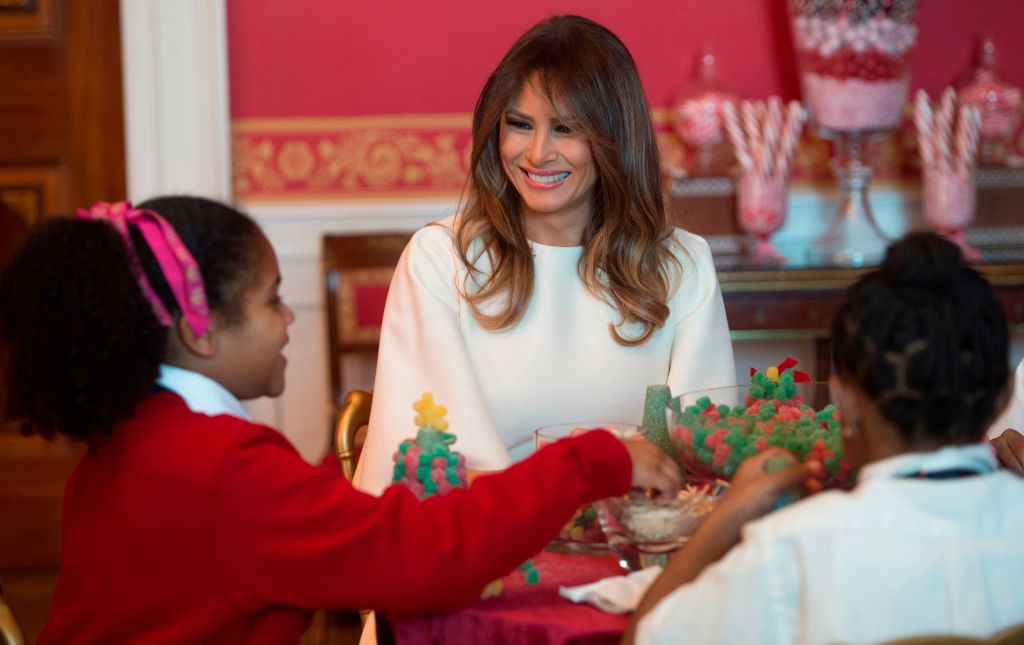 US First Lady Melania Trump speaks with childre