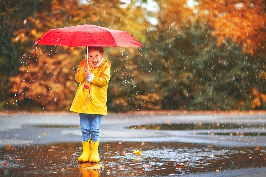 happy child with an umbrella in the fall