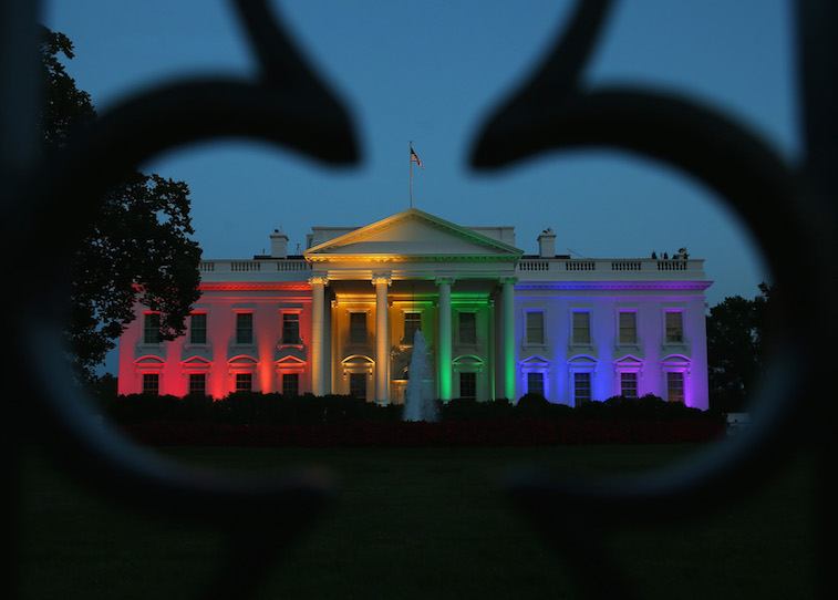 white house lit in gay pride colors