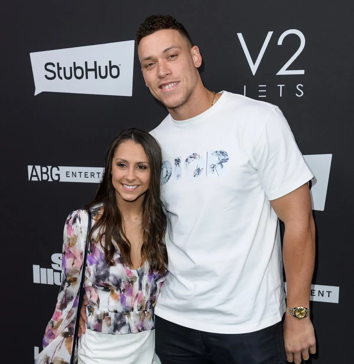 Samantha Bracksieck and Aaron Judge arrive at the Sports Illustrated Super Bowl Party in Miami