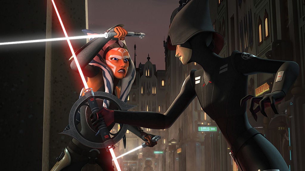 Ahsoka Tano fighting an Inquisitor in 'Star Wars: Rebels.'