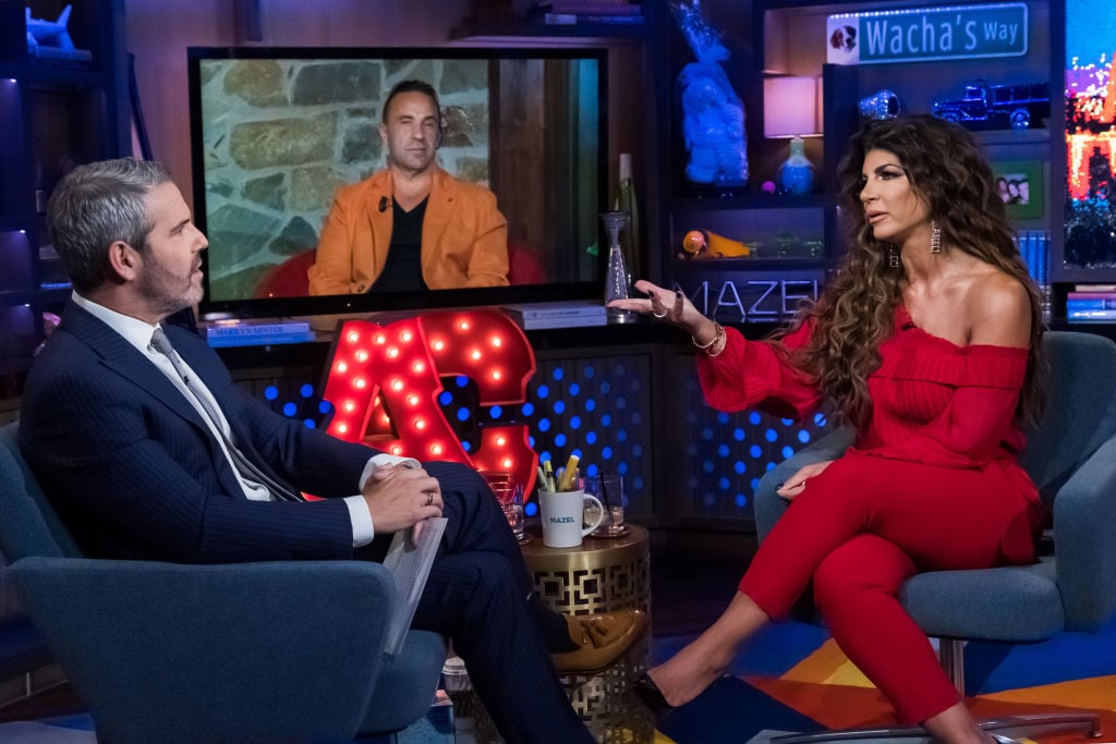 Andy Cohen speaks with Teresa Giudice and Joe Giudice (by video) on 'Watch What Happens Live with Andy Cohen' 