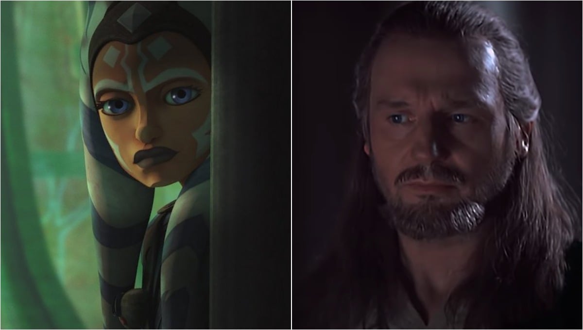 Left image is Ahsoka in Season 7, Episode 8 of 'The Clone Wars'/Right image is of Qui-Gon Jinn in 'The Phantom Menace.' 