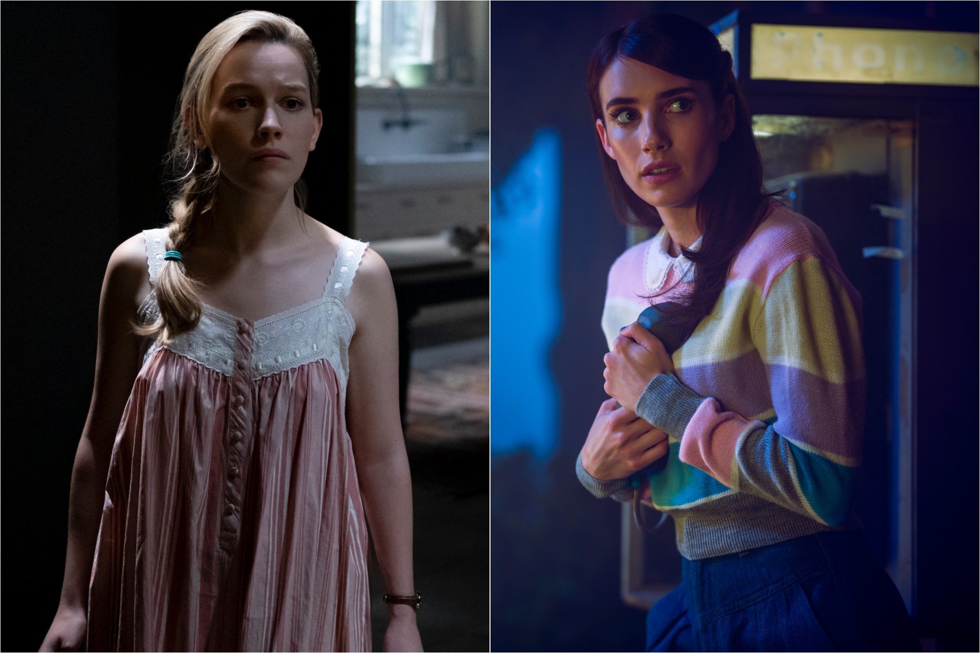 (L) Victoria Pedretti as Dani Clayton in 'THE HAUNTING OF BLY MANOR' / (R) Emma Roberts as Brooke Thompson in 'AMERICAN HORROR STORY: 1984