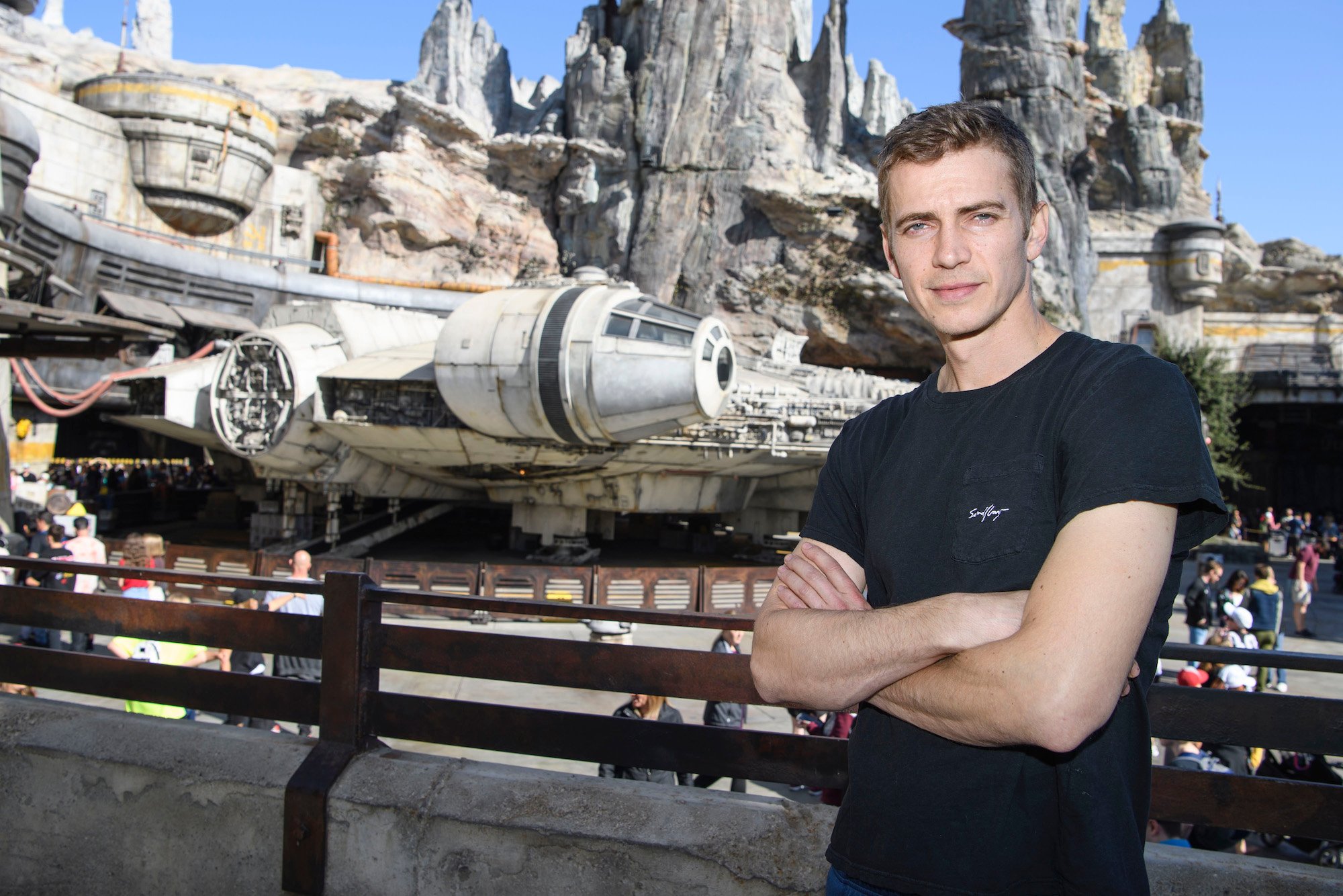 Hayden Christensen in front of the Millennium Falcon: Smugglers Run at Star Wars: Galaxy's Edge at Disneyland Park on Oct. 29, 2019