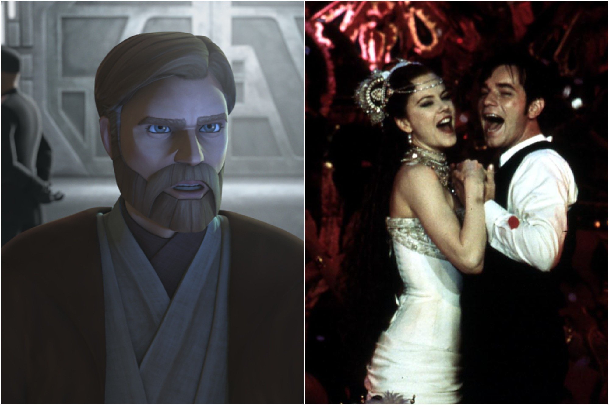 Obi-Wan Kenobi in Season 7 of 'Star Wars: The Clone Wars' / Nicole Kidman as Satine and Ewan McGregor as Christian in 'Moulin Rouge'