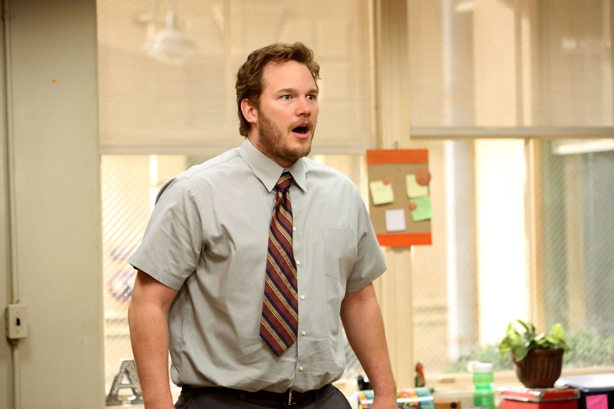 Chris Pratt in a shirt and tie with his mouth open