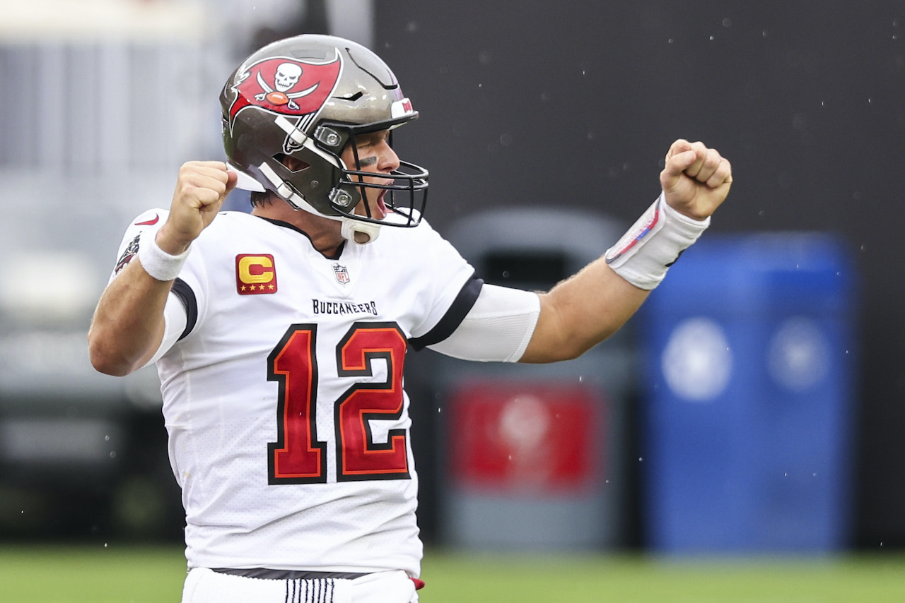 Tom Brady of the Tampa Bay Buccaneers celebrates after defeating the Los Angeles Chargers 