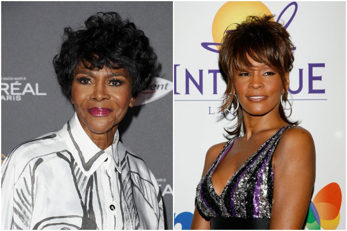 Cicely Tyson posing at an event/ Whitney Houston smiling at the Legendary Clive Davis Pre-Grammy Party.