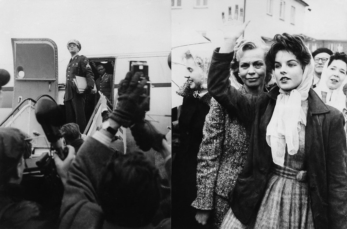 left image: Elvis before his departure to the U.S from the military airport in Frankfurt, after completing his military service in Germany. right image: his girlfriend Priscilla Beaulieu is waving at him, who later became his wife