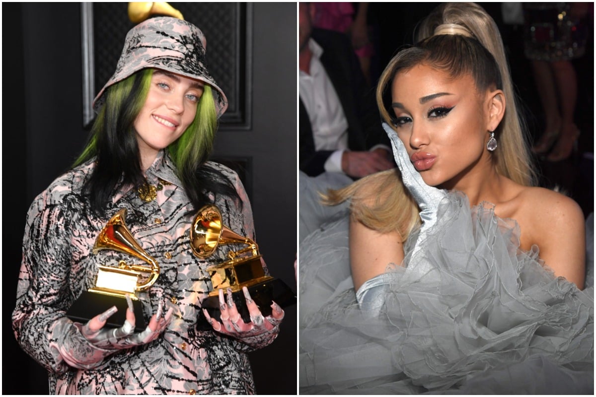 Billie Eilish smiling while wearing a patterned outfit and boat hat while holding her 2021 Grammys/ Ariana Grande holding her cheek and pursing her lips in a silver gown.