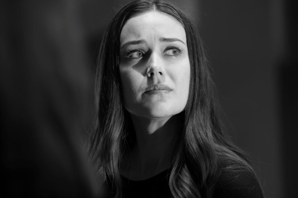 Megan Boone as Liz Keen ina. black and white close-up of her concerned face.