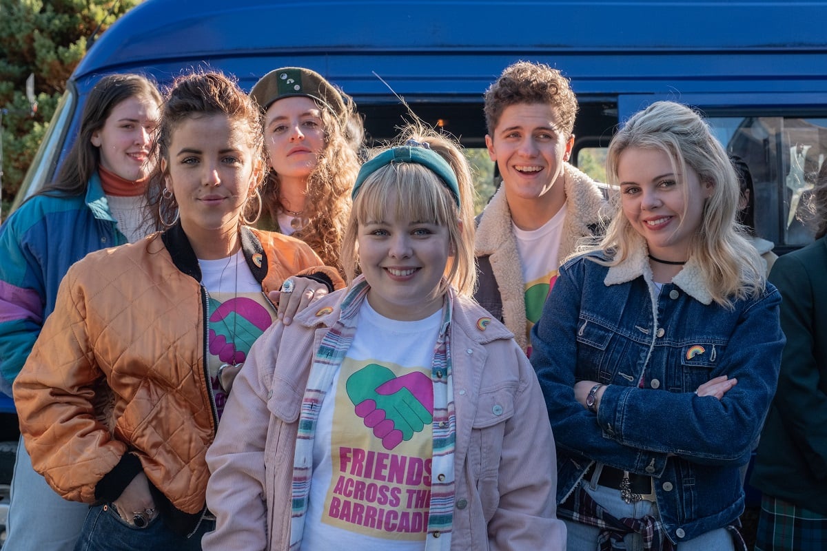 Production still of Saoirse-Monica Jackson, Louisa Harland, Nicola Coughlan, Jamie-Lee O'Donnell and Dylan Llewellyn in 'Derry Girls'