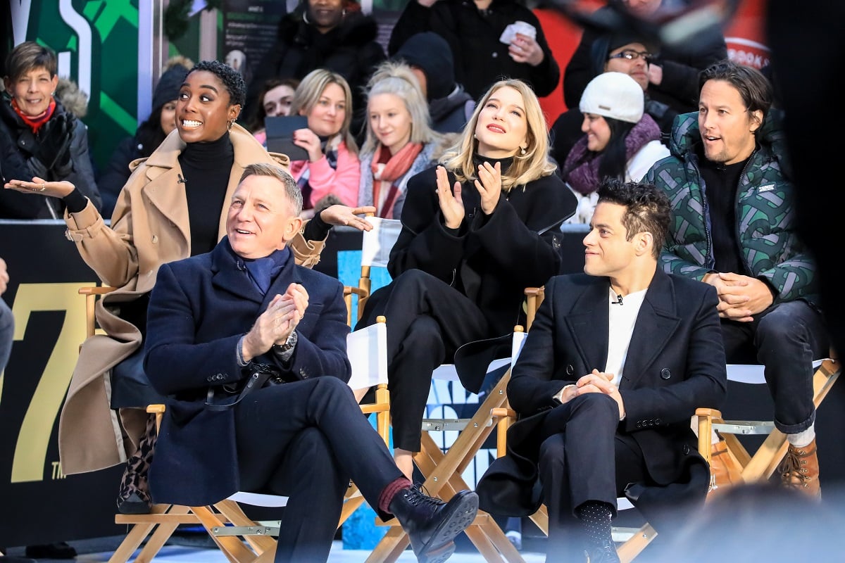 Daniel Craig, Rami Malek, Lashana Lynch, Lea Seydoux and Cary Fukunaga smile for the camera.