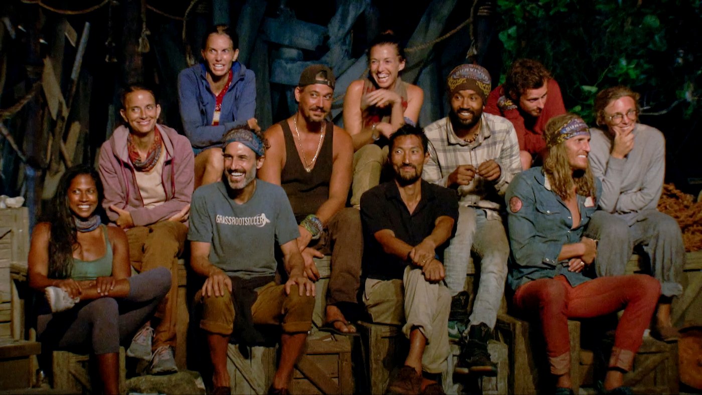 Survivor cast Natalie Anderson, Amber Brkich Mariano, Ben Driebergen, Ethan Zohn, Boston Rob Mariano, Parvati Shallow, Yul Kwon, Wendell Holland, Adam Klein, Tyson Apostol and Sophie Clarke at Tribal Council