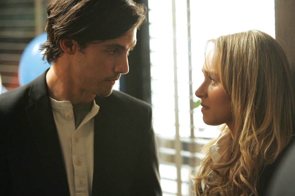 Milo Ventimiglia and Hayden Panettiere looking at each other on 'Heroes'