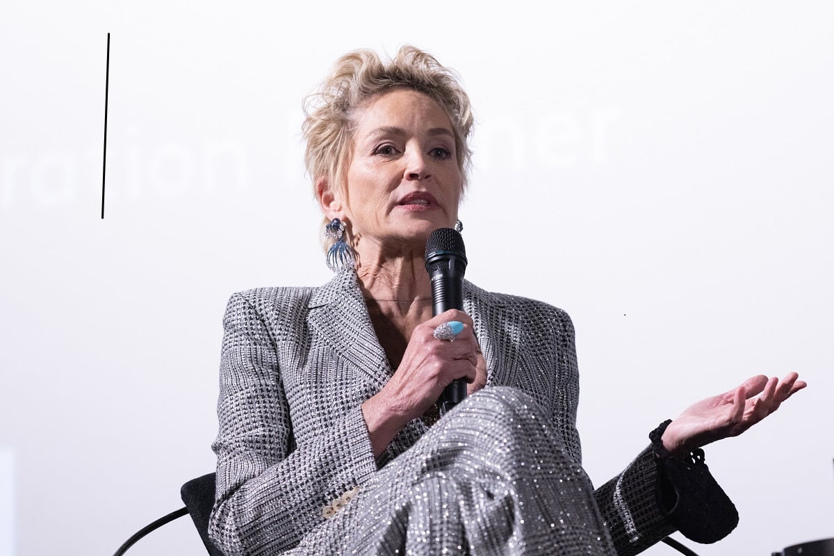 Sharon Stone speaking into a microphone