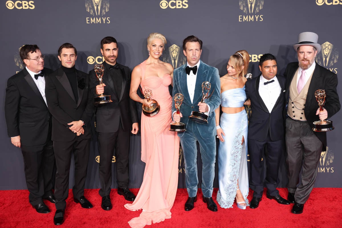 Ted Lasso cast at the 2021 Emmys: Jeremy Swift (left), Phil Dunster, Brett Goldstein, Hannah Waddingham, Jason Sudeikis, Juno Temple, Nick Mohammed, and Brendan Hunt