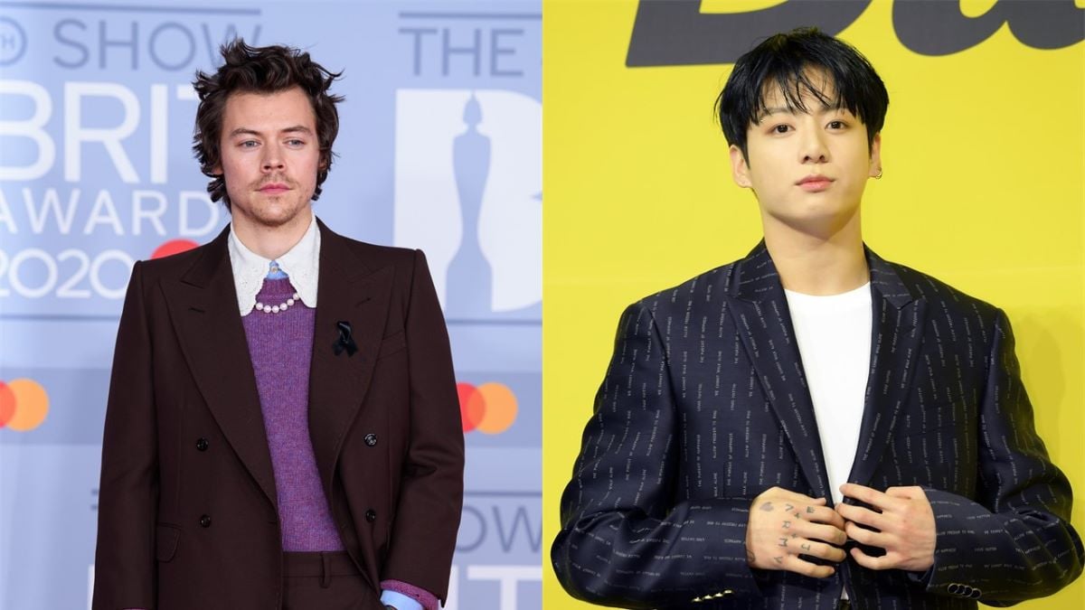 (L) Harry Styles poses with a hand in his pocket in a brown suit, purple sweater, and pearls (L) Jungkook poses in a dark blue suit, holding his jacket closed at the front