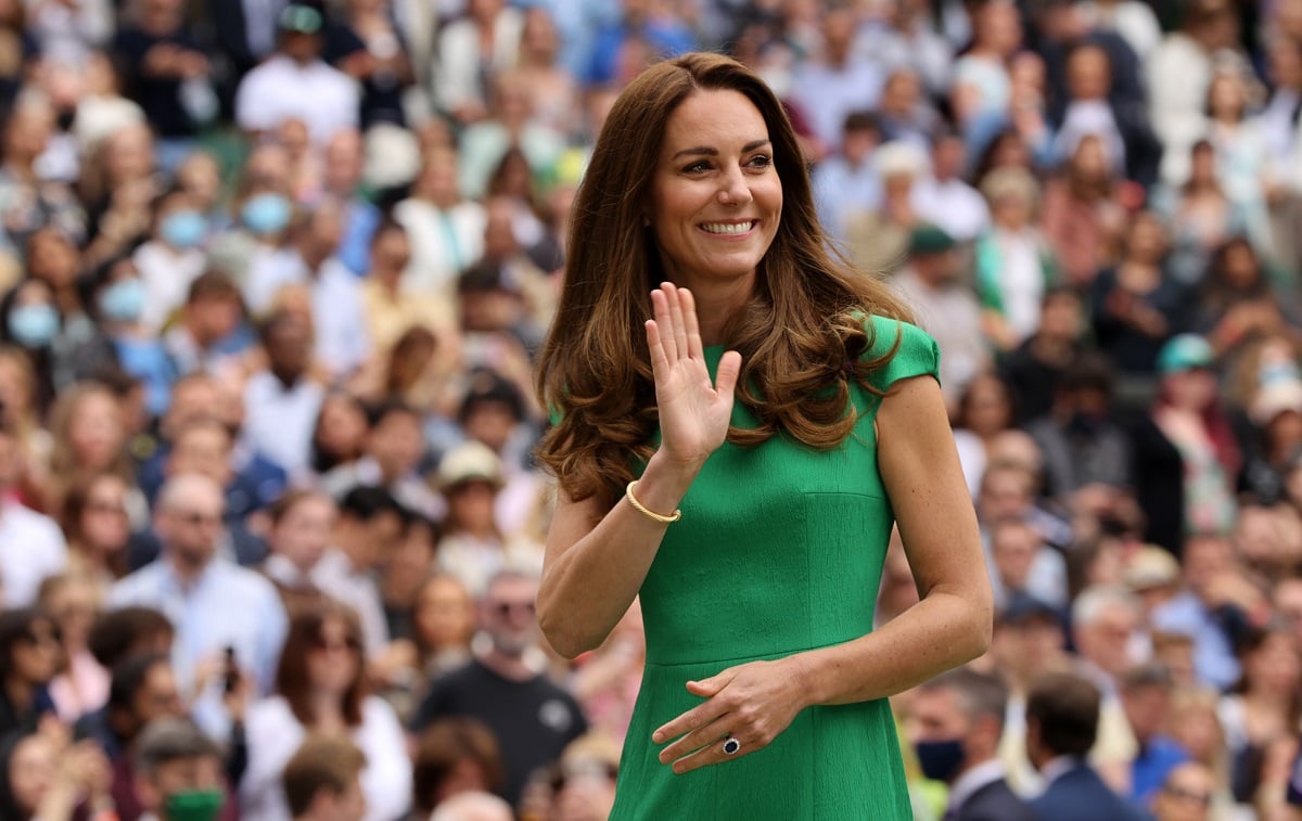 Kate Middleton waving to the crowd after the Ladies' Singles Final match at Wimbledon 2021