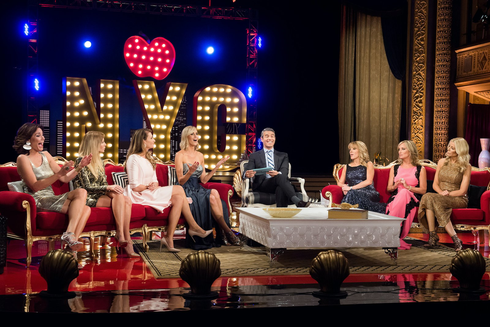 RHONY reunion from season 6: Luann de Lesseps, Carole Radziwill, Heather Thomson, Kristen Taekman, Andy Cohen, Ramona Singer, Sonja Morgan, Aviva Drescher |Charles Sykes/Bravo/NBCU Photo Bank