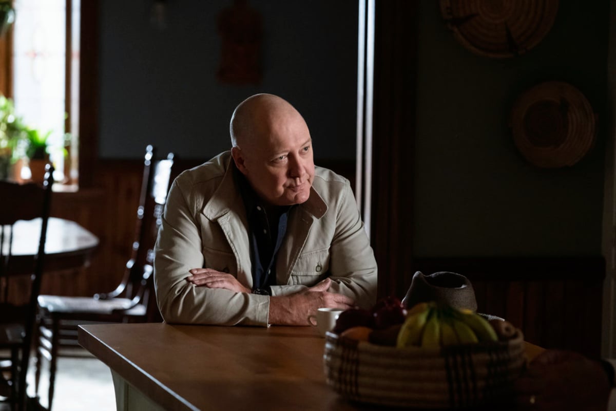 James Spader as Raymond Reddington in The Blacklist Season 9. Spader is sitting at a table with his hat off showing his bald head.