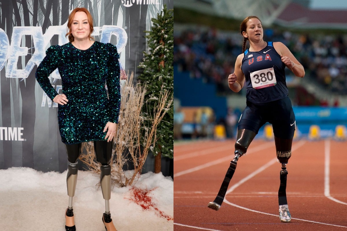 (L-R) Katy Sullivan attends the world premiere of 'Dexter: New Blood' and competes in the Women's 100m T42 during Day 4 of the 2011 Para Pan American Games. In the left photo she wears a green sequined dress.