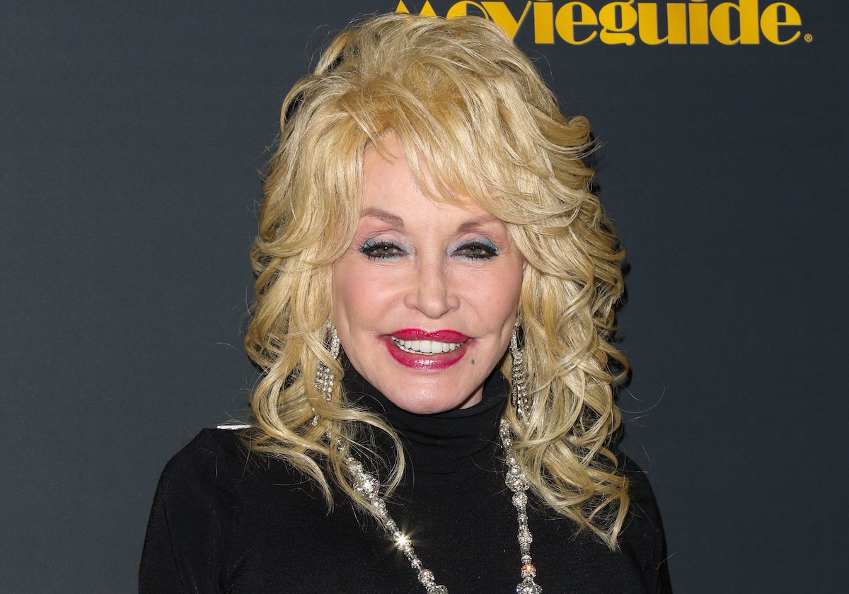 Close-up of Dolly Parton's face at an event.