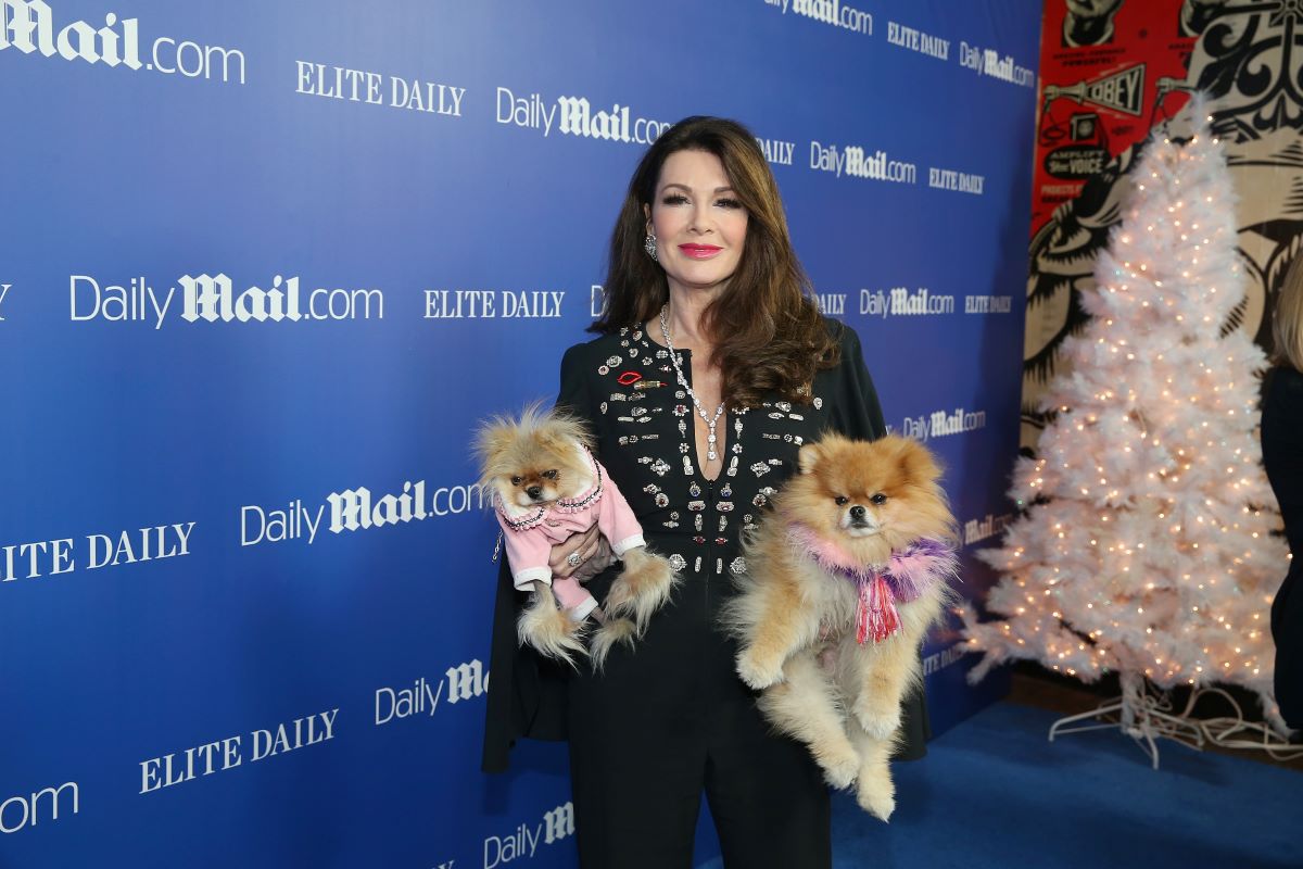 Lisa Vanderpump dressed in black holding two small dogs in front of a Christmas tree