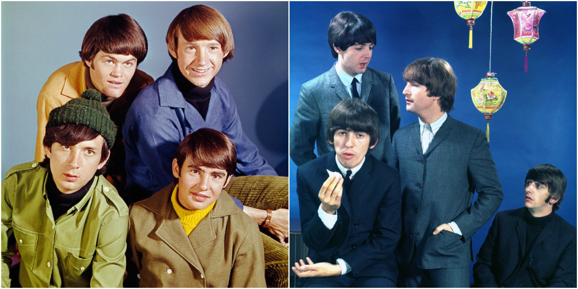 The Monkees and The Beatles pose in side-by-side publicity stills.