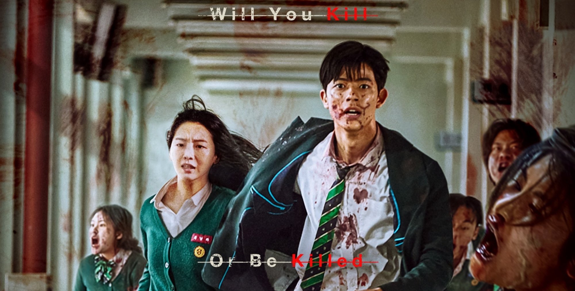 'All of Us Are Dead' K-drama poster with students running down hallway.