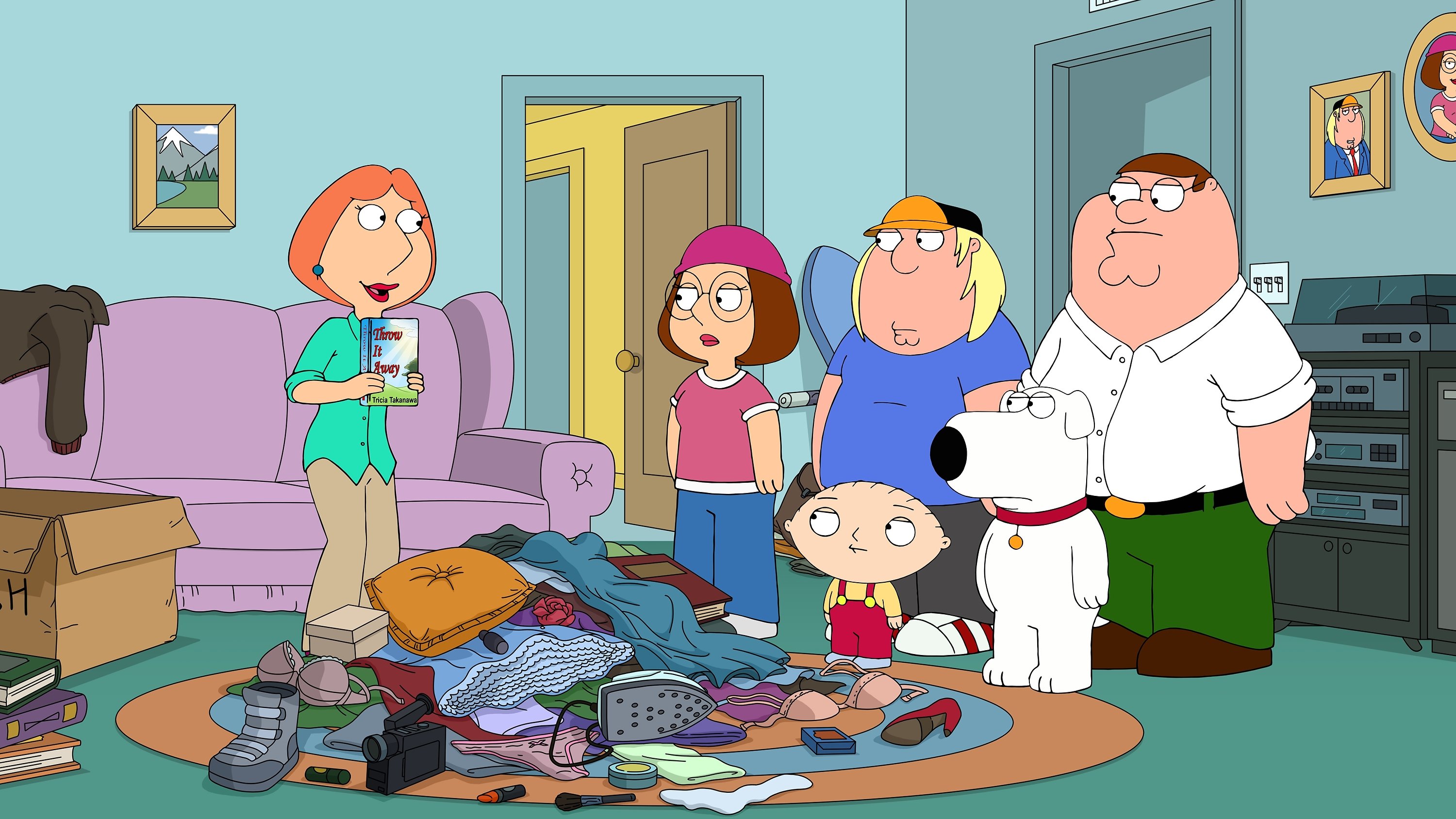 'Family Guy' the Griffin family in their living room helping Lois declutter the house.