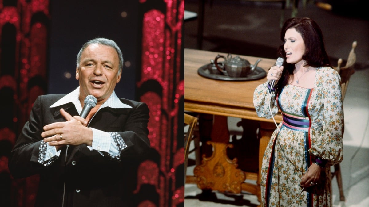 (l) Frank Sinatra in a black suit, singing into a microphone; (r) Loretta Lynn in a floral dress, singing into a microphone