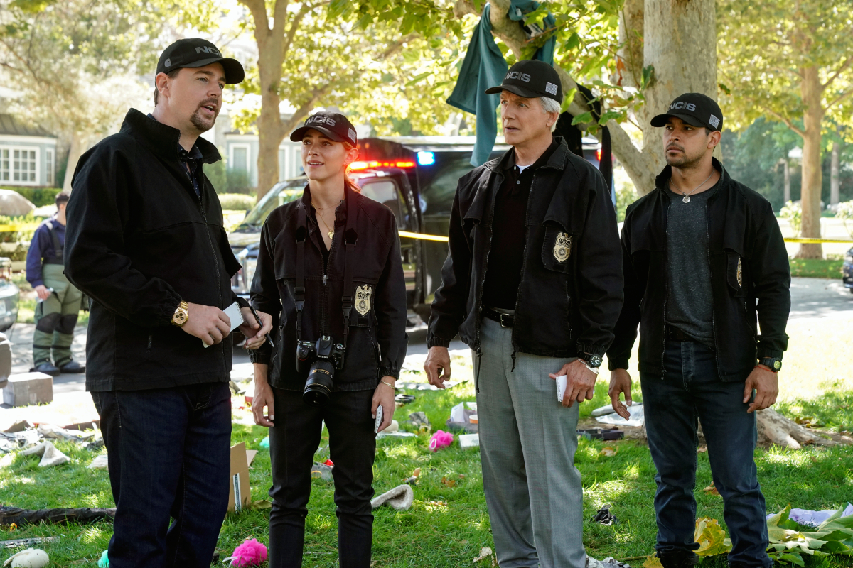 NCIS stars Sean Murray, Emily Wickersham, Mark Harmon, and Wilmer Valderrama in costume on the set of the CBS hit