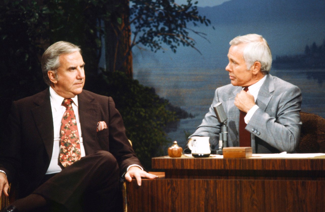 Ed McMahon seated next to Johnny Carson while filming 'The Tonight Show' in 1979