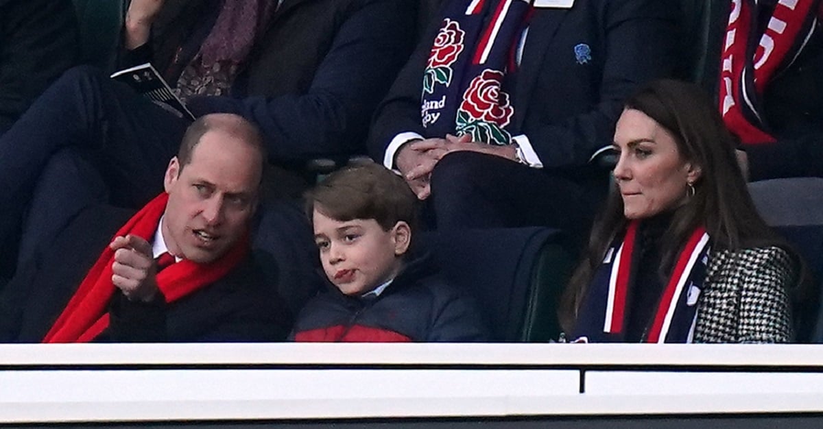 Prince William, Kate Middleton, and Prince George sitting in the stands during the Guinness Six Nations rugby match