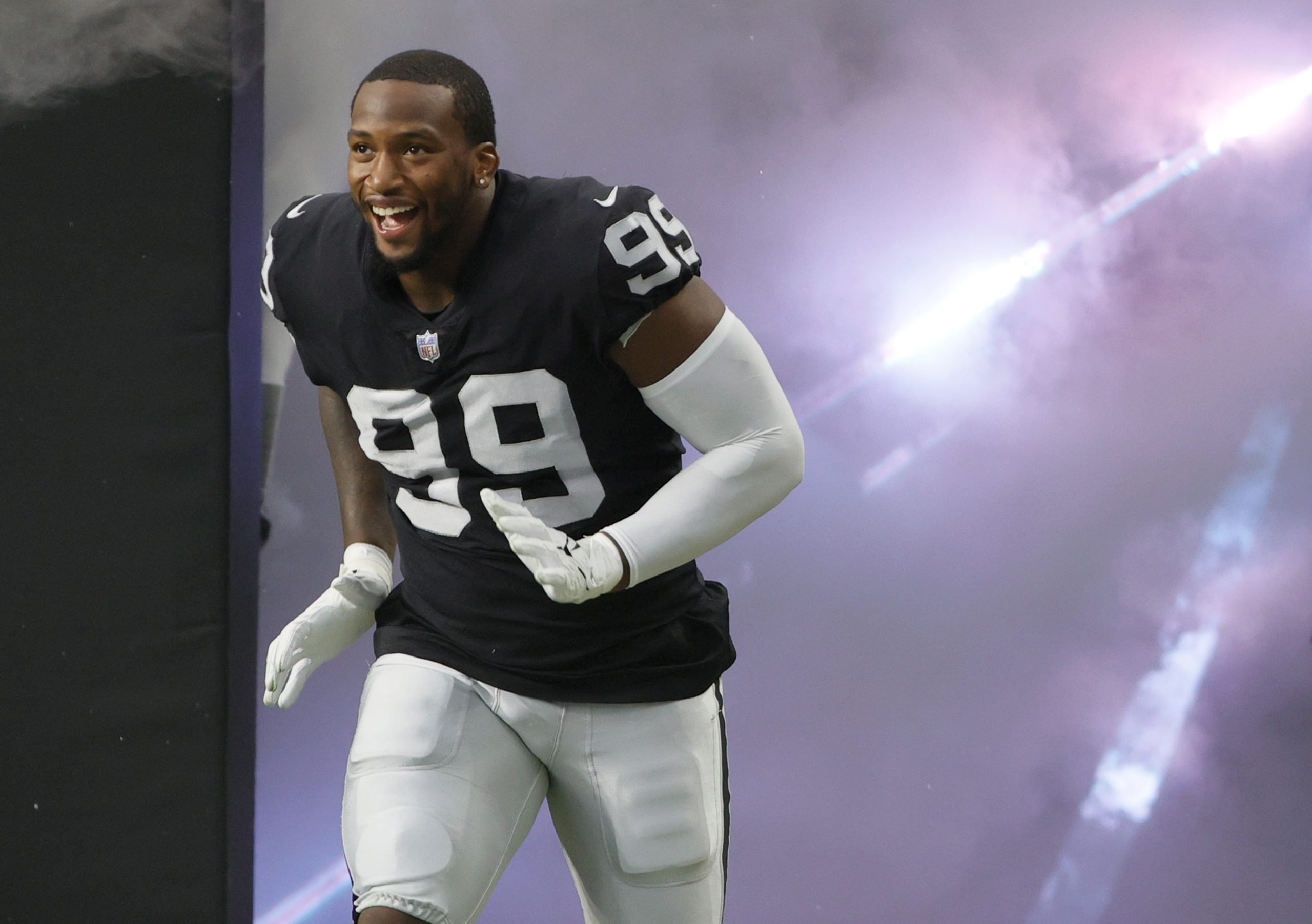 Defensive end Clelin Ferrell (99) grabs some air during a Las Vegas Raiders  open practice at th …