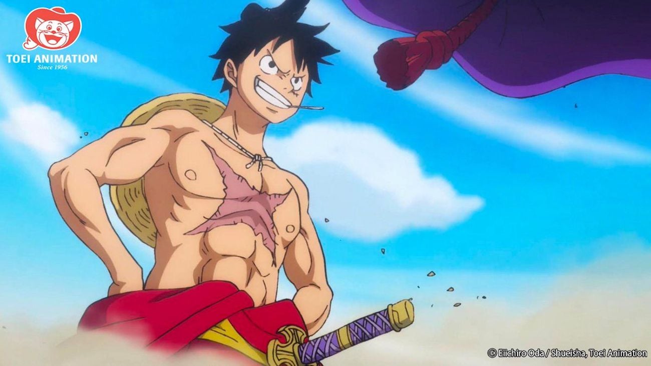 Luffy from 'One Piece' shirtless in the middle of a fight in the country of Wano. Luffy's fight with Kaido will continue to rage on in One Piece 1048 when it returns next week