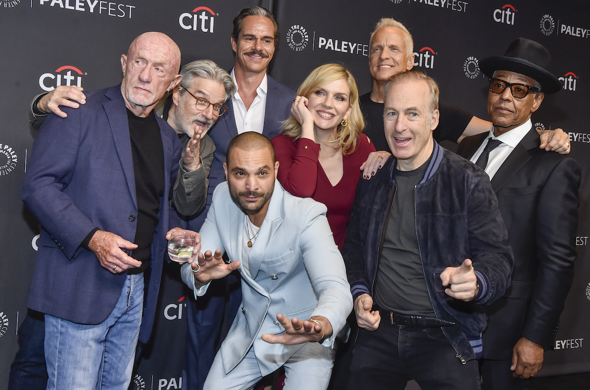 Jonathan Banks, Peter Gould, Tony Dalton, Michael Mando, Rhea Seehorn, Patrick Fabian, Bob Odenkirk, and Giancarlo Esposito pose together the 39th annual PaleyFest LA in 2022