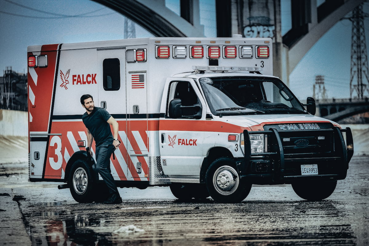 'Ambulance': Jake Gyllenhaal exits the Falck ambulance in the L.A. River