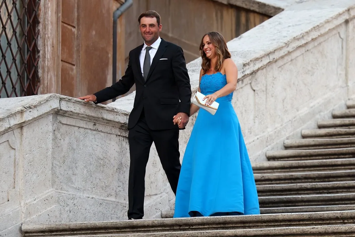 Scottie Scheffler and his wife, Meredith Scudder, arrive at the Spanish Steps prior to the 2023 Ryder Cup in Rome