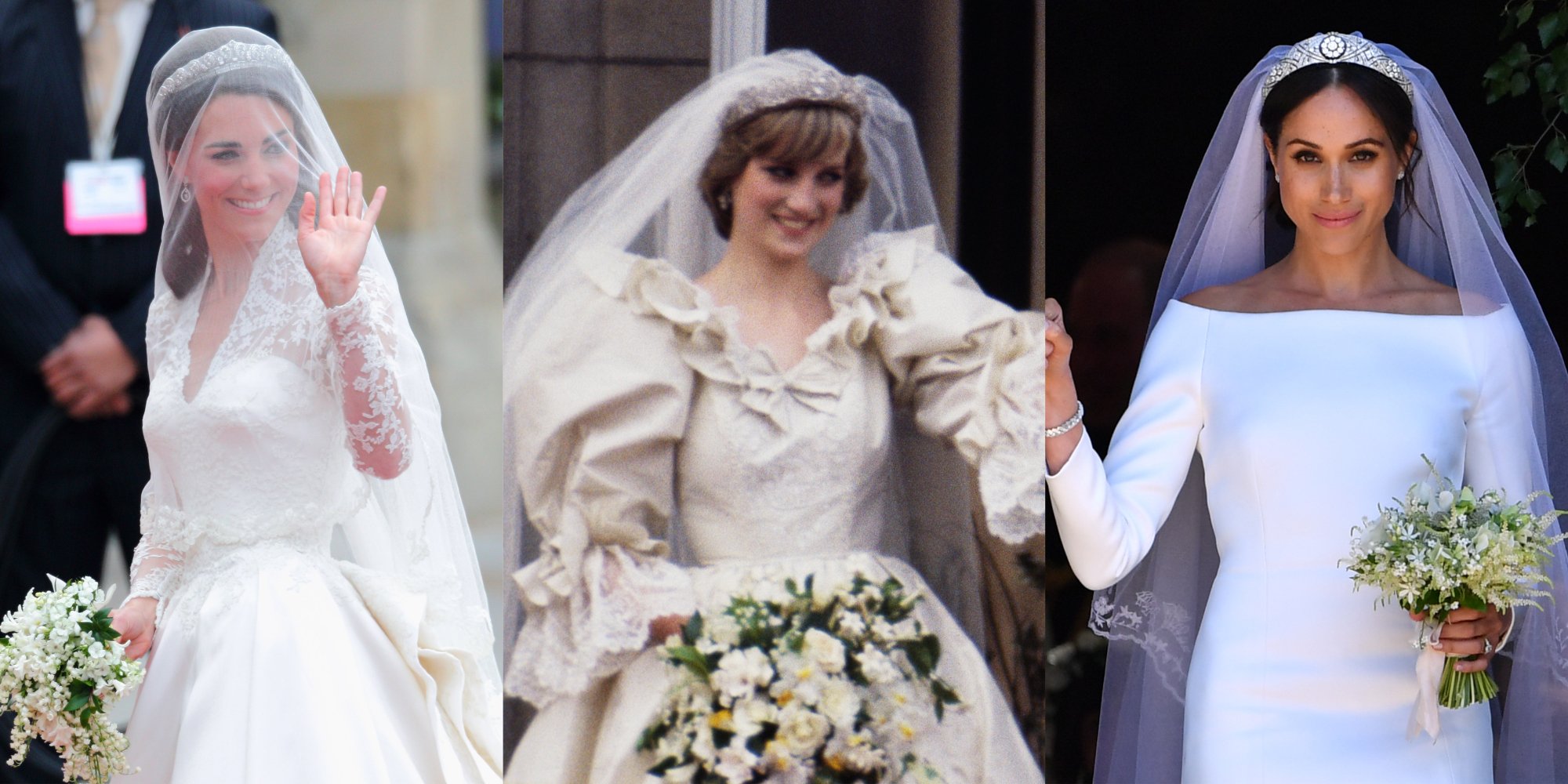 Kate Middleton, Princess Diana, and Meghan Markle in side by side photos on their respective wedding days.